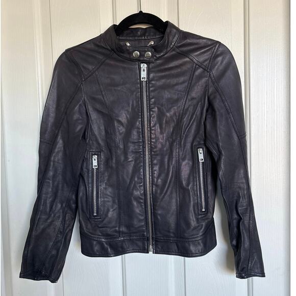 DIESEL Women's Black Lamb Skin Leather Moto Biker Full Zip Cropped Jacket Sz XS - Picture 1 of 8